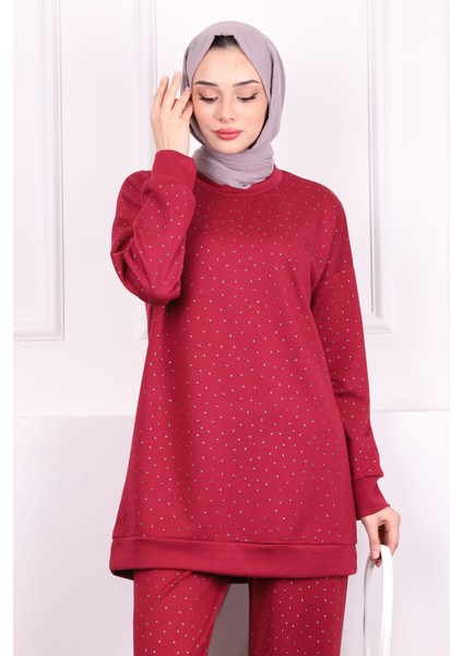 Bordo Taş Detaylı Tunik Pantolonlu Oys Takım modelleri