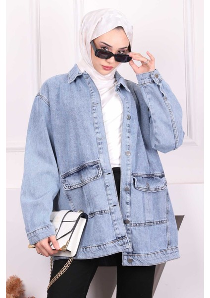 Mavi Taş İşlemeli Kot Ceket