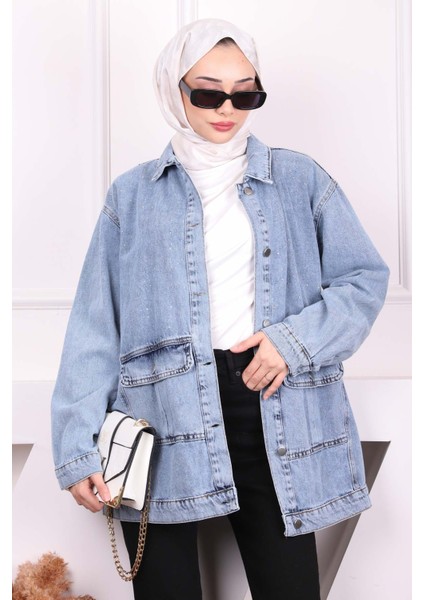 Mavi Taş İşlemeli Kot Ceket modelleri