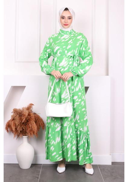 Yeşil Desenli Eteği Katlı Viscon Elbise fiyatları