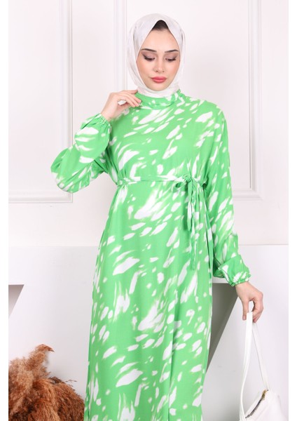 Yeşil Desenli Eteği Katlı Viscon Elbise modelleri