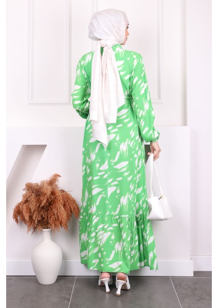 Yeşil Desenli Eteği Katlı Viscon Elbise fırsatları