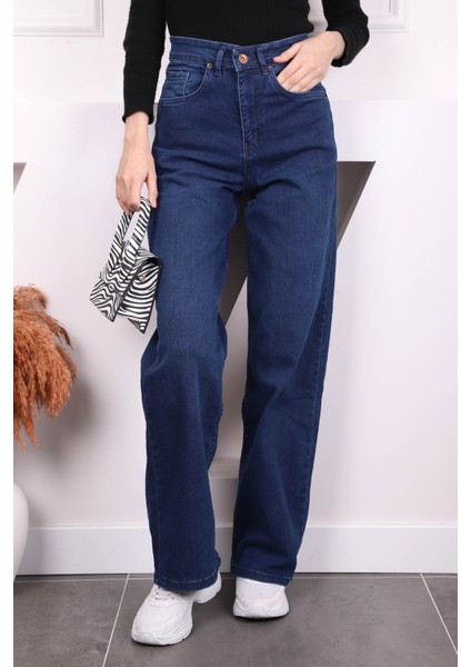 Koyu Mavi Yüksek Bel Palazzo Kot Pantolon