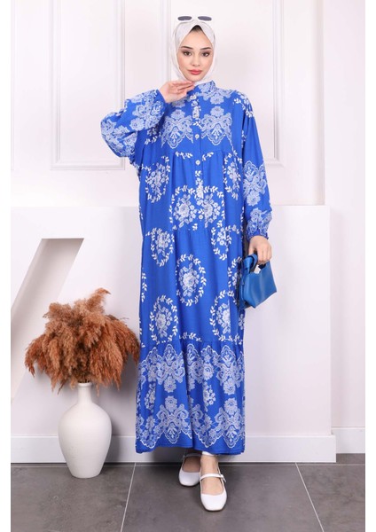 Saks Mavi Desenli Yarım Düğmeli Viscon Elbise