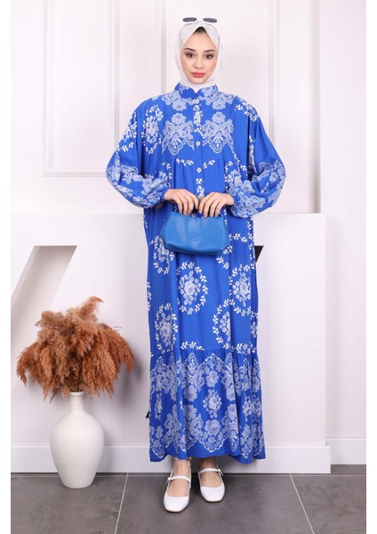 Saks Mavi Desenli Yarım Düğmeli Viscon Elbise fiyatları