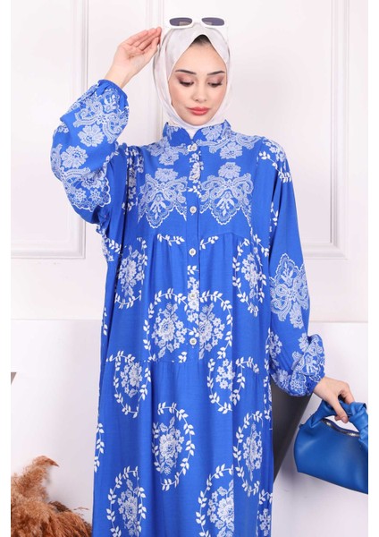 Saks Mavi Desenli Yarım Düğmeli Viscon Elbise modelleri