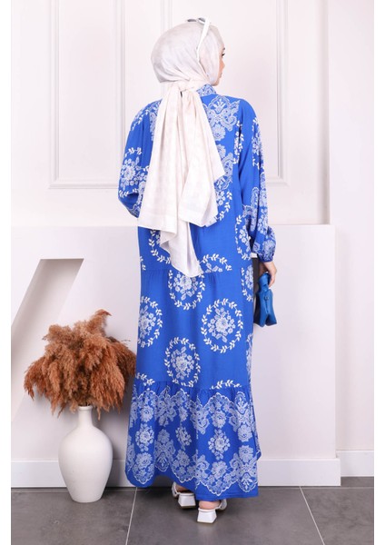 Saks Mavi Desenli Yarım Düğmeli Viscon Elbise fırsatları