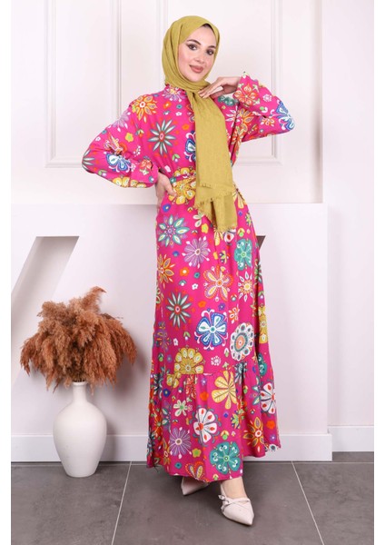 Fuşya Desenli Eteği Katlı Viscon Elbise