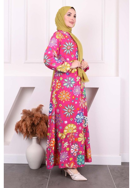 Fuşya Desenli Eteği Katlı Viscon Elbise fiyatları