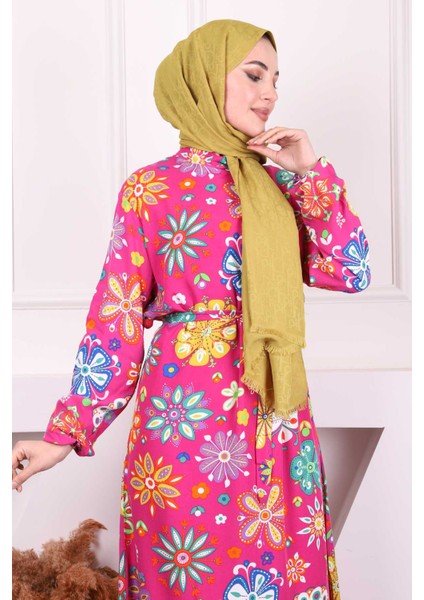 Fuşya Desenli Eteği Katlı Viscon Elbise modelleri