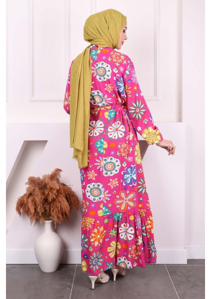 Fuşya Desenli Eteği Katlı Viscon Elbise fırsatları