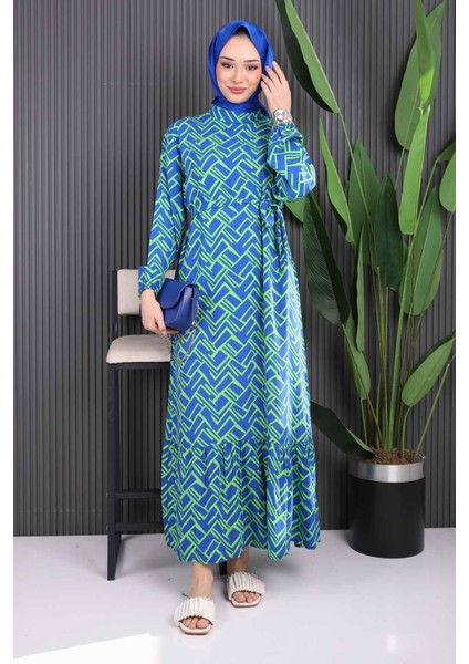 Yeşil Desenli Eteği Katlı Viscon Elbise