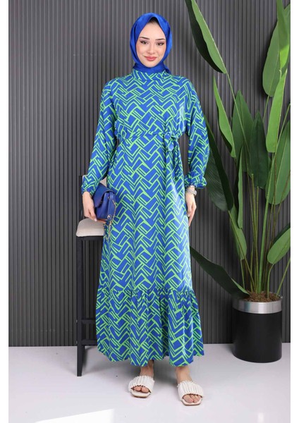 Yeşil Desenli Eteği Katlı Viscon Elbise fiyatları