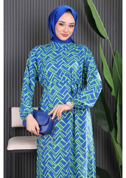 Yeşil Desenli Eteği Katlı Viscon Elbise modelleri