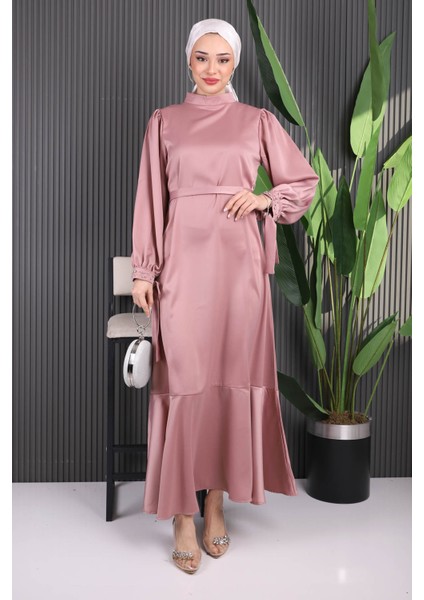 Gül Kurusu Taş Detaylı Eteği Volanlı Saten Abiye