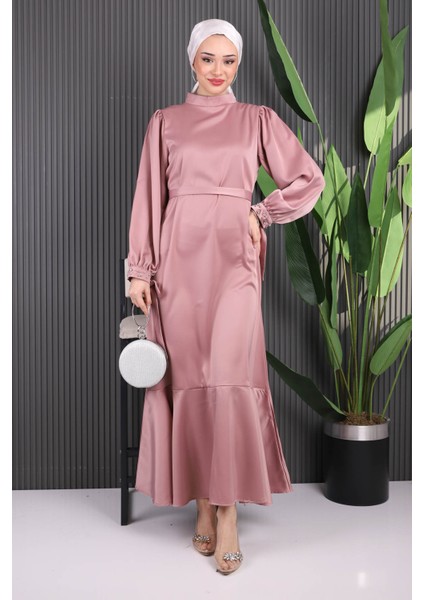 Gül Kurusu Taş Detaylı Eteği Volanlı Saten Abiye fiyatları