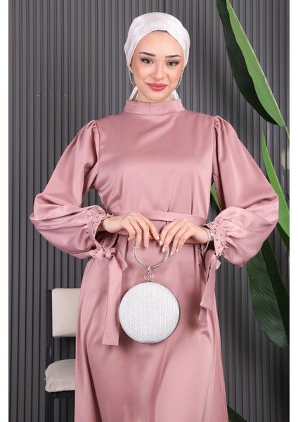 Gül Kurusu Taş Detaylı Eteği Volanlı Saten Abiye modelleri