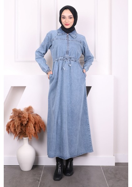 Mavi Ön Fermuarlı Bel Büzgülü Kot Elbise