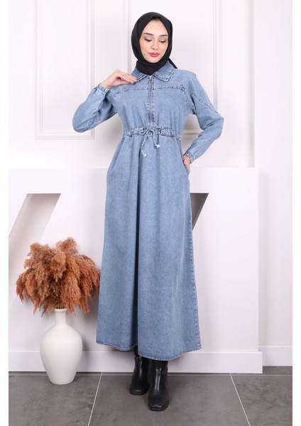 Mavi Ön Fermuarlı Bel Büzgülü Kot Elbise fiyatları