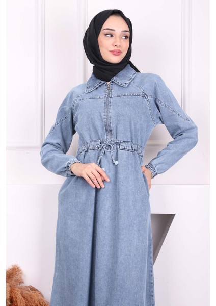 Mavi Ön Fermuarlı Bel Büzgülü Kot Elbise modelleri