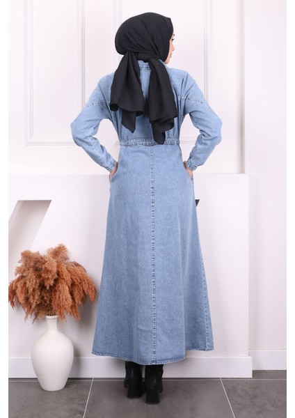 Mavi Ön Fermuarlı Bel Büzgülü Kot Elbise fırsatları