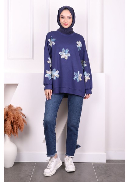 Lacivert Çiçekli Modal Sweat