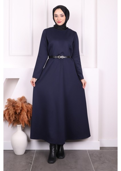 Lacivert Bel Kemerli Scuba Elbise
