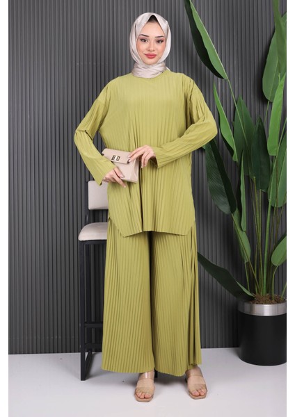 Yağ Yeşili Piliseli Sandy Tunik Pantolon Takım