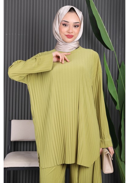 Yağ Yeşili Piliseli Sandy Tunik Pantolon Takım
