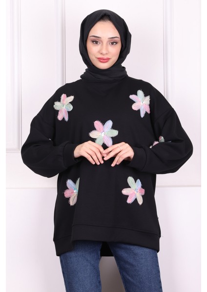 Siyah Çiçekli Modal Sweat