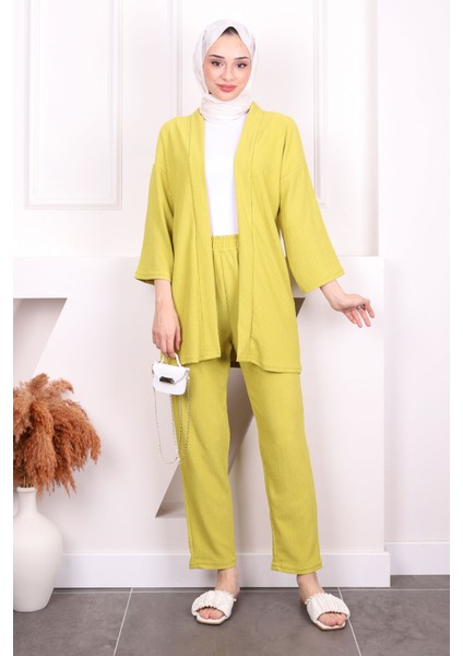 Yağ Yeşili Bürümcük Kimono Pantolon Takım fiyatları