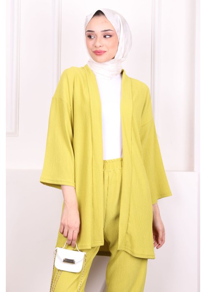 Yağ Yeşili Bürümcük Kimono Pantolon Takım modelleri