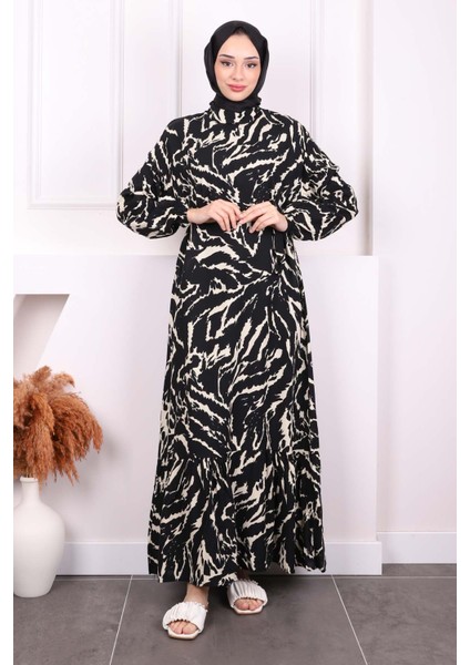 Krem Desenli Eteği Katlı Viscon Elbise