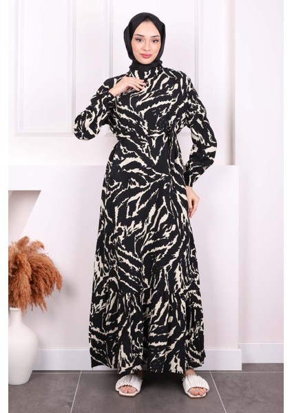 Krem Desenli Eteği Katlı Viscon Elbise fiyatları