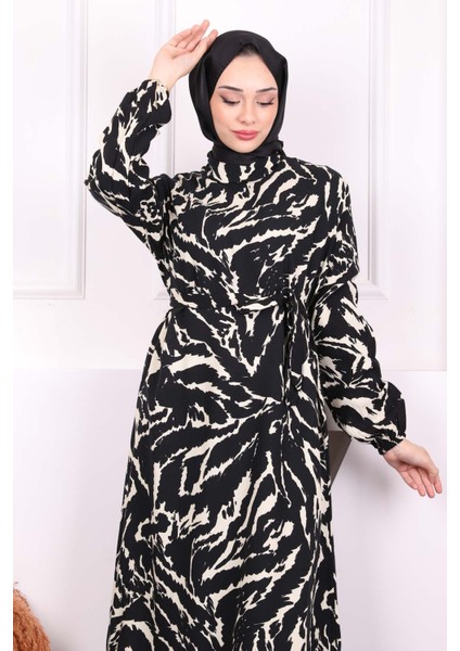 Krem Desenli Eteği Katlı Viscon Elbise modelleri