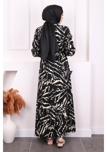 Krem Desenli Eteği Katlı Viscon Elbise fırsatları