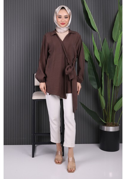 Kahverengi Yan Bağlamalı Kimono