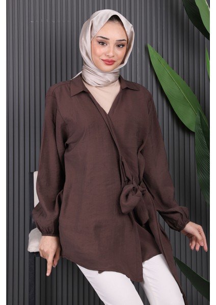 Kahverengi Yan Bağlamalı Kimono