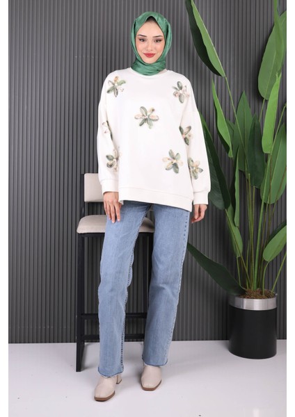 Ekru Çiçekli Modal Sweat fiyatları