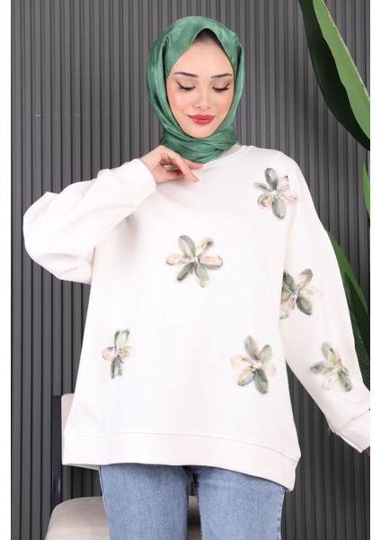 Ekru Çiçekli Modal Sweat modelleri