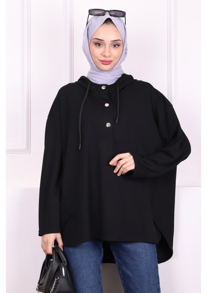 Siyah Kapşonlu Modal Oversize Sweat