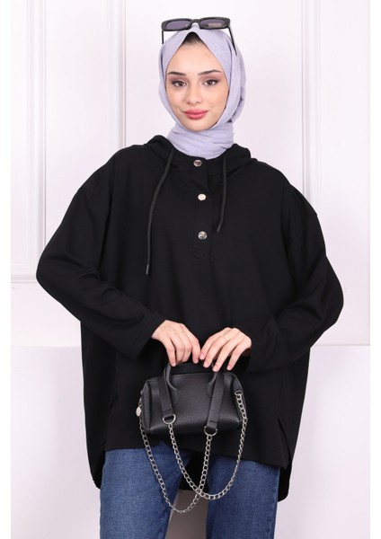 Siyah Kapşonlu Modal Oversize Sweat