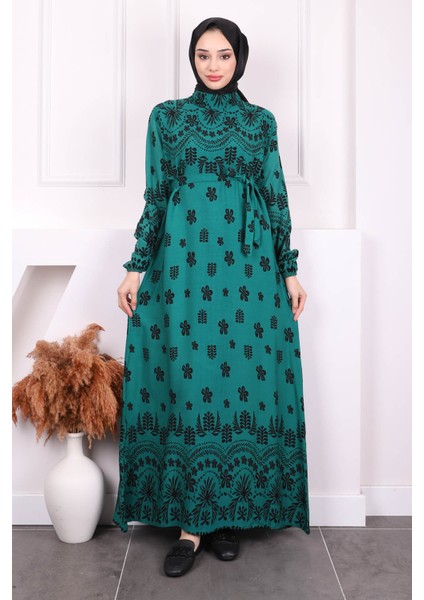 Zümrüt Yeşili Desenli Eteği Katlı Viscon Elbise