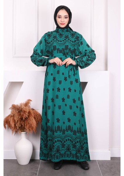Zümrüt Yeşili Desenli Eteği Katlı Viscon Elbise fiyatları