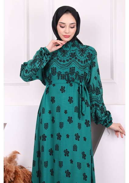 Zümrüt Yeşili Desenli Eteği Katlı Viscon Elbise modelleri