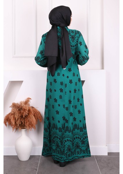 Zümrüt Yeşili Desenli Eteği Katlı Viscon Elbise fırsatları