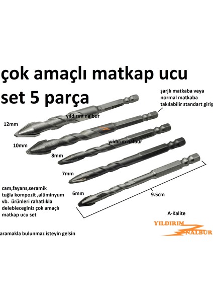 Matkap Ucu 5 Li Set Çok Amaçlı Üniversal Cam,seramik,beton Vs Delici Set Keliteli 5 Parça Set