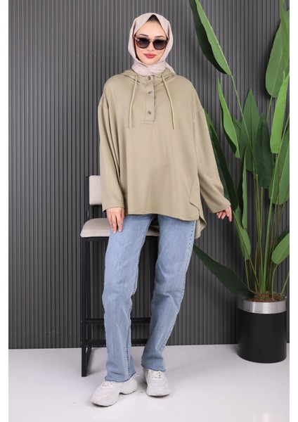 Haki Kapşonlu Modal Oversize Sweat