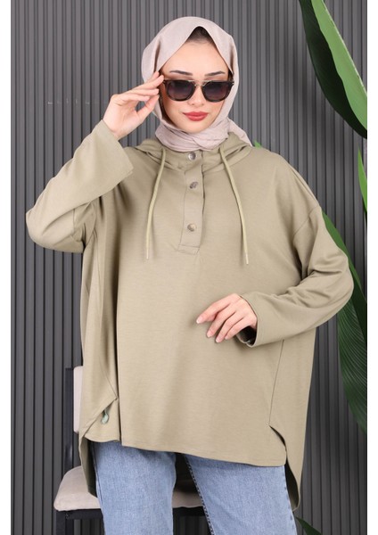 Haki Kapşonlu Modal Oversize Sweat