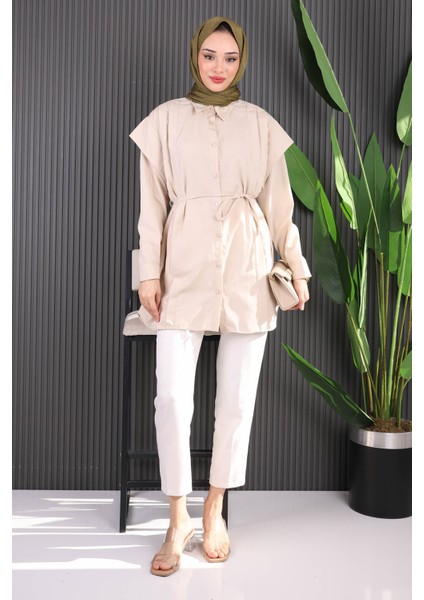 Pudra Bel Kuşaklı Omuz Detaylı Gömlek